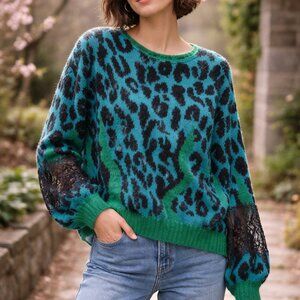 Siste’s Italy Mohair Animal Print Lace Sleeve Sweater Blue Green M